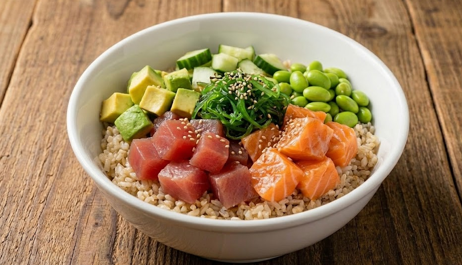 다양한 야채와 연어, 참치, 아보카도 등이 현미밥