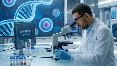현대적인 실험실에서 현미경을 통해 노화와 수명 연장(LONGEVITY)을 연구하는 과학자의 모습