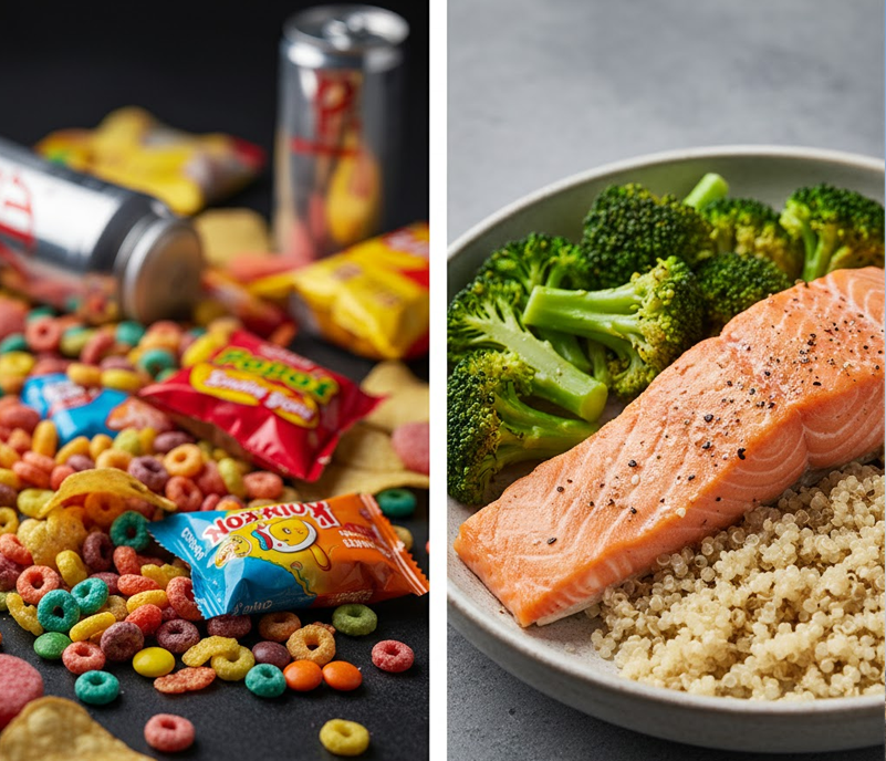 록달록한 시리얼, 과자, 탄산음료 등 자극적인 가공식품과 정갈하게 담긴 연어, 브로콜리, 퀴노아